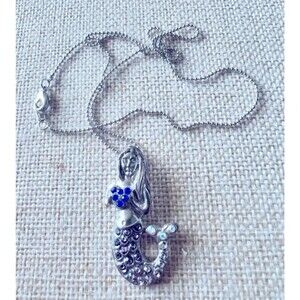Mermaid Necklace Silver Tone A/B Crystals holding heart with Blue Crystals EUC